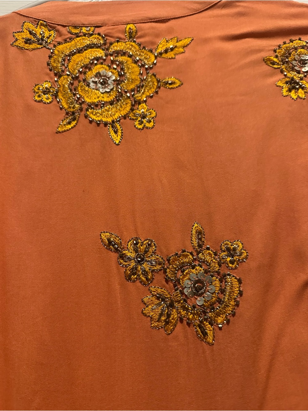 Embroidered Floral Rust Top with Golden Yellow Accents
